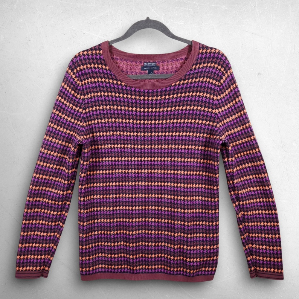 Tommy Hilfiger Houndstooth Crewneck Pullover Women L Burgundy Preppy Academic